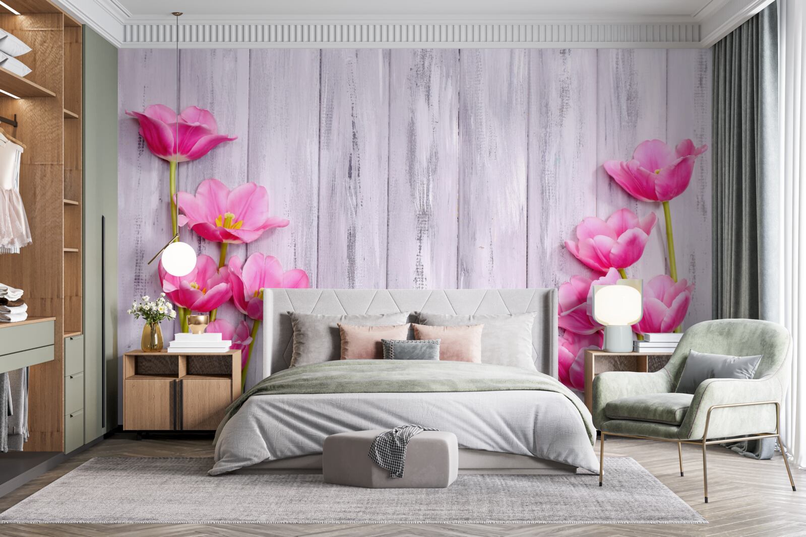 Fototapet lalele roz care cresc pe un copac