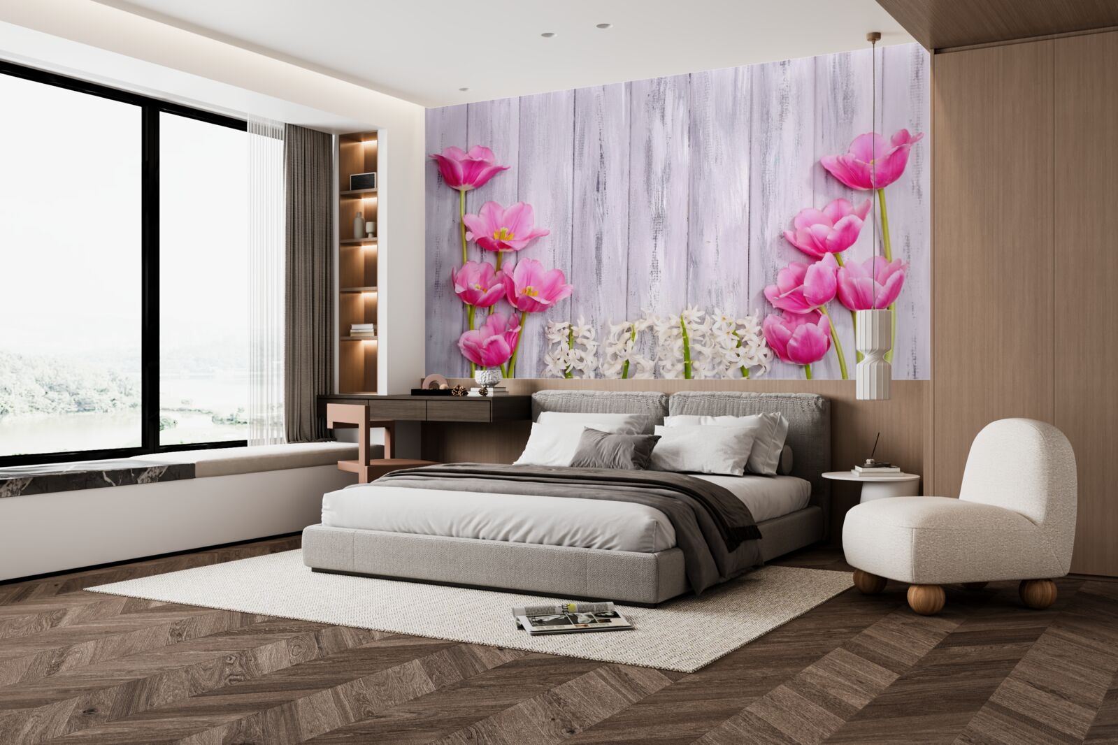 Fototapet lalele roz care cresc pe un copac