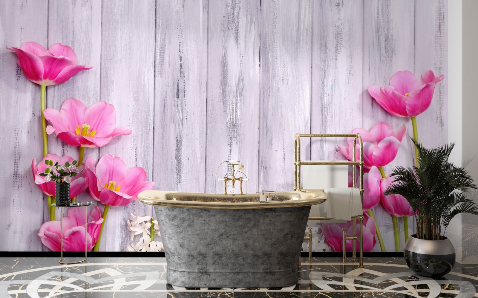 Fototapet lalele roz care cresc pe un copac