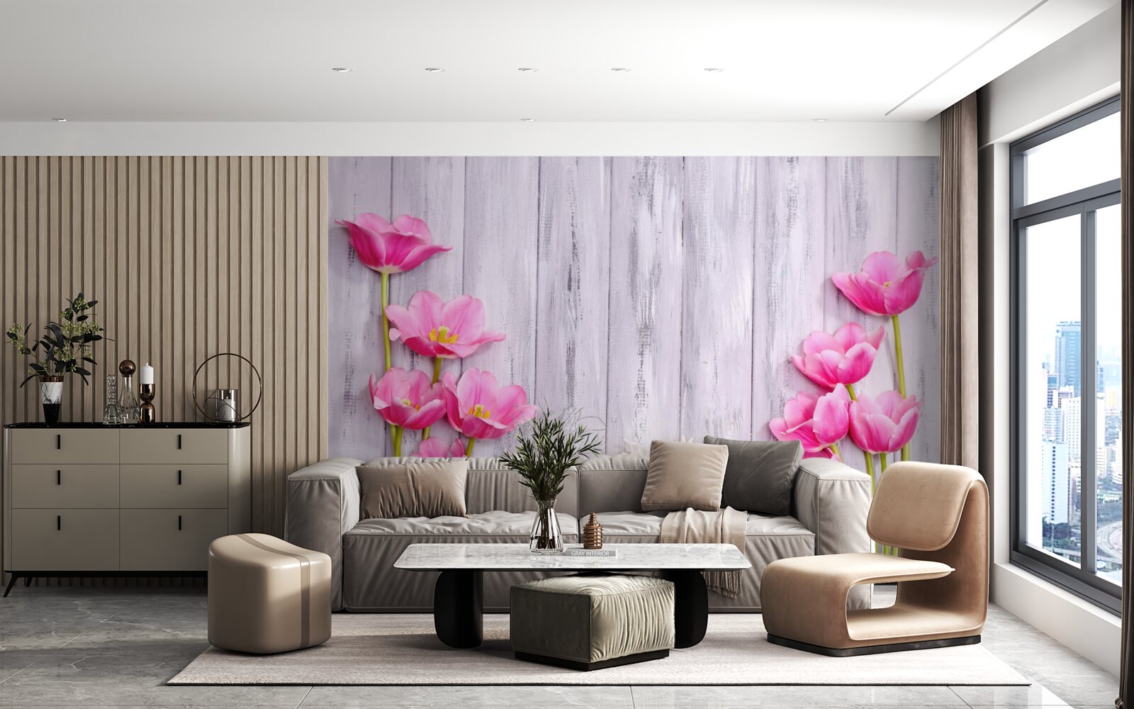 Fototapet lalele roz care cresc pe un copac