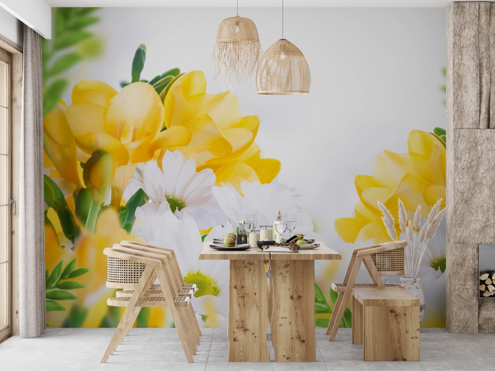 Fototapet margarete albe și frezii galbene