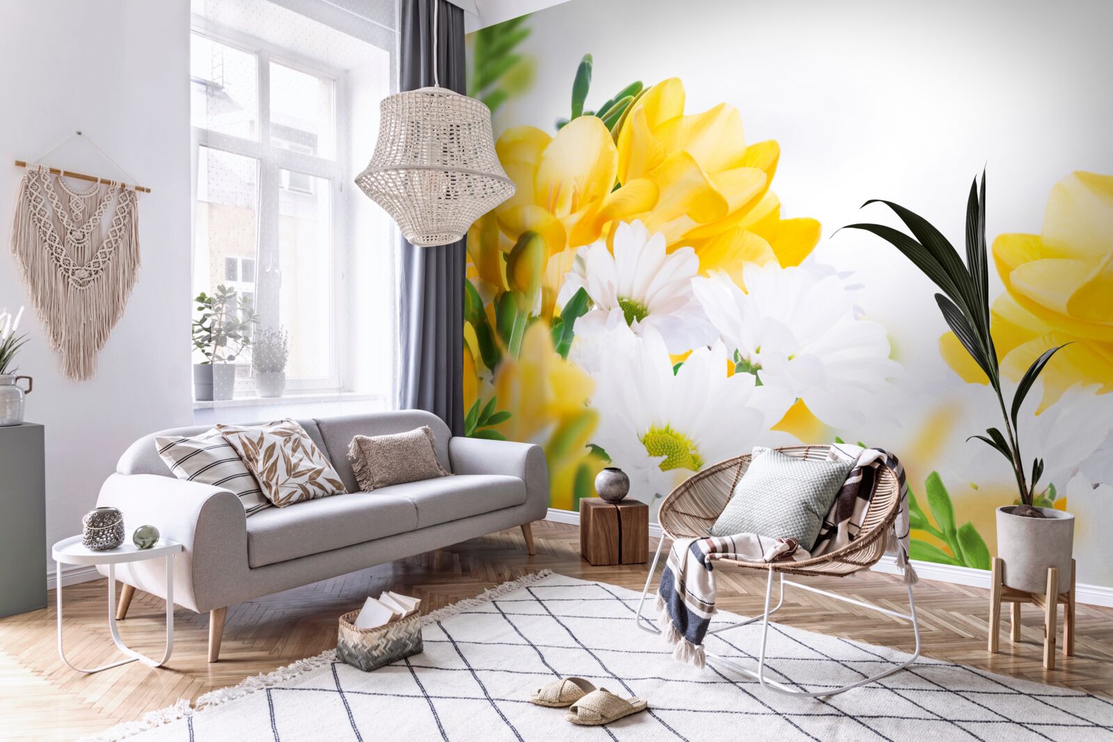 Fototapet margarete albe și frezii galbene