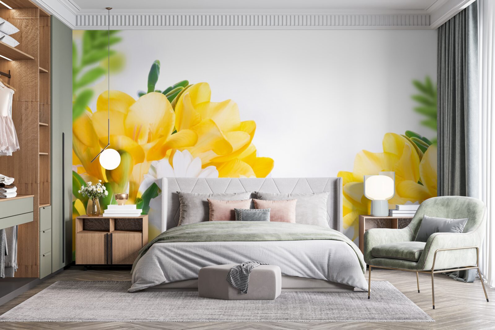 Fototapet margarete albe și frezii galbene