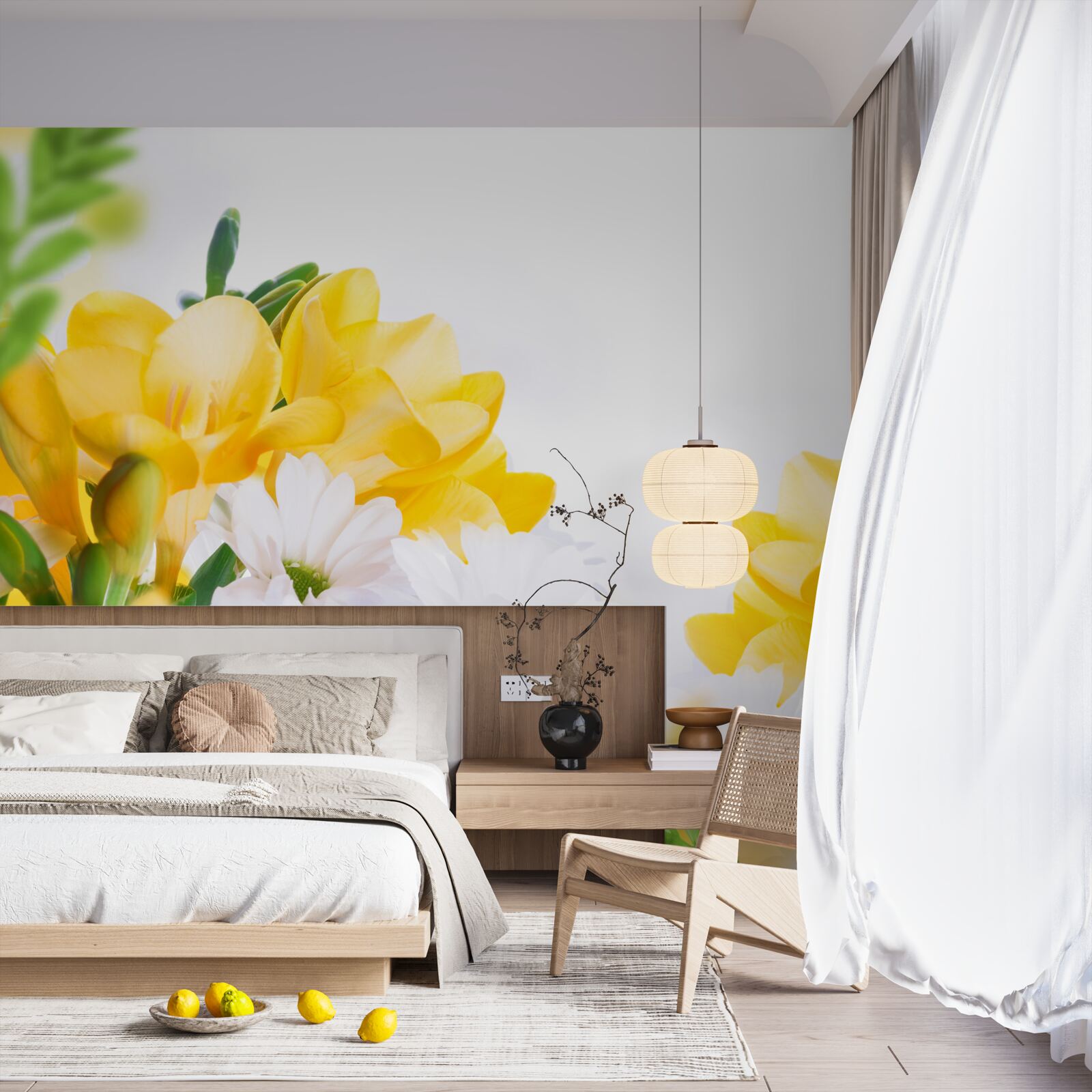 Fototapet margarete albe și frezii galbene