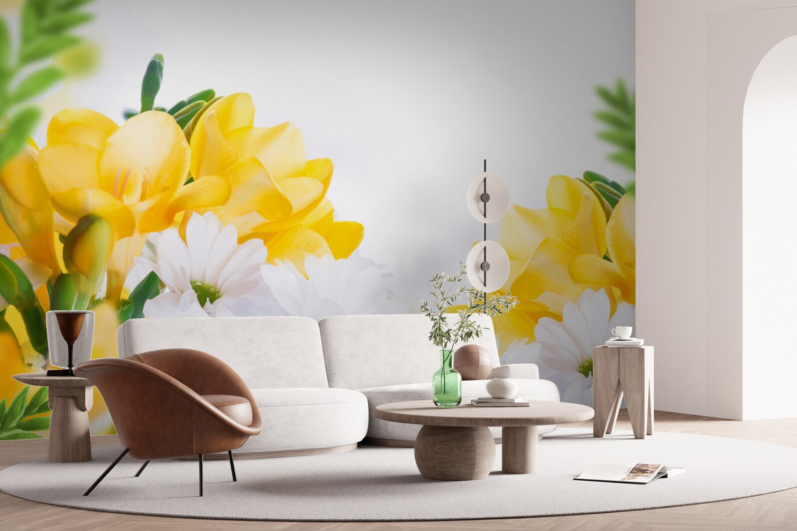 Fototapet margarete albe și frezii galbene