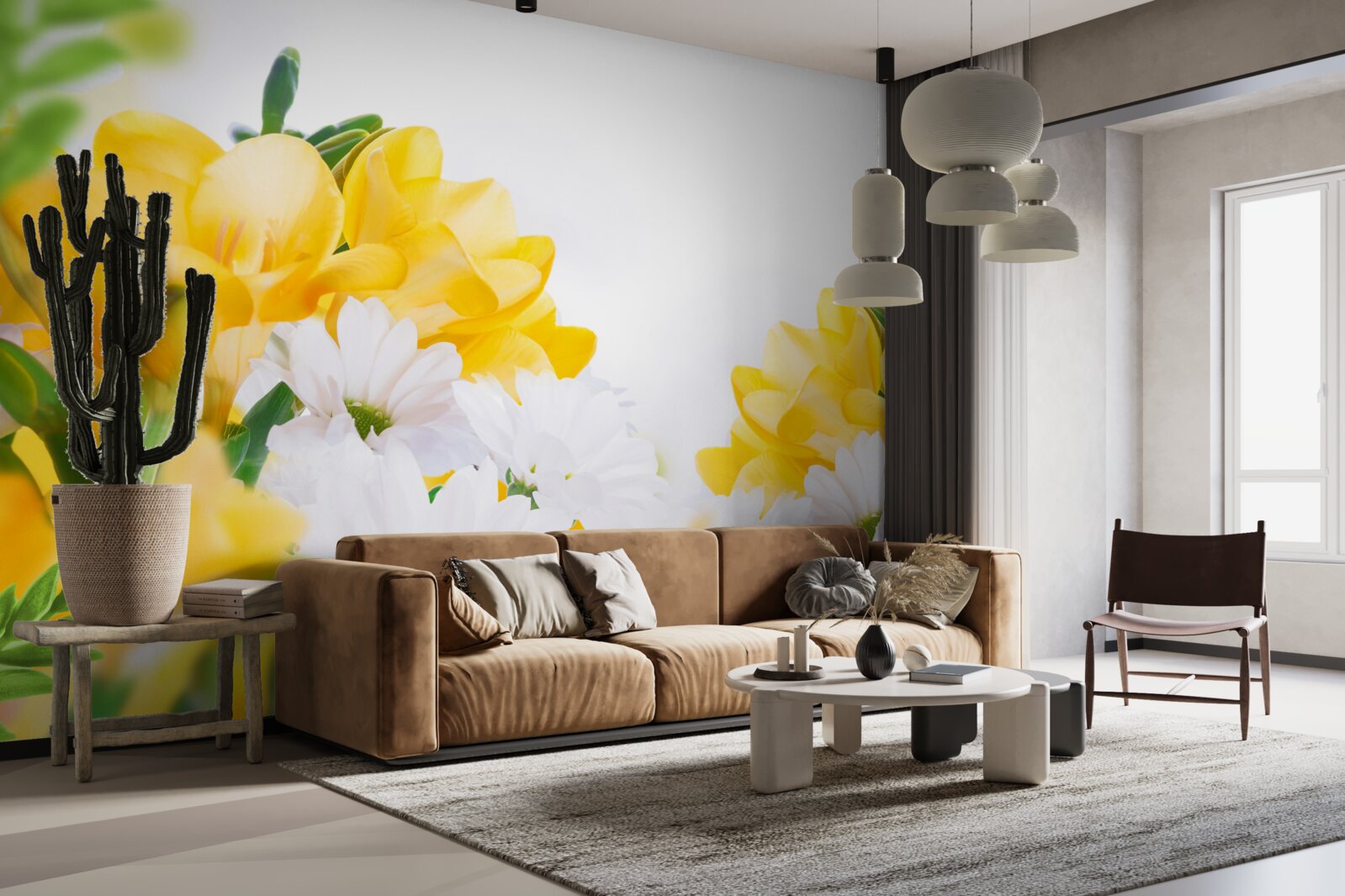 Fototapet margarete albe și frezii galbene