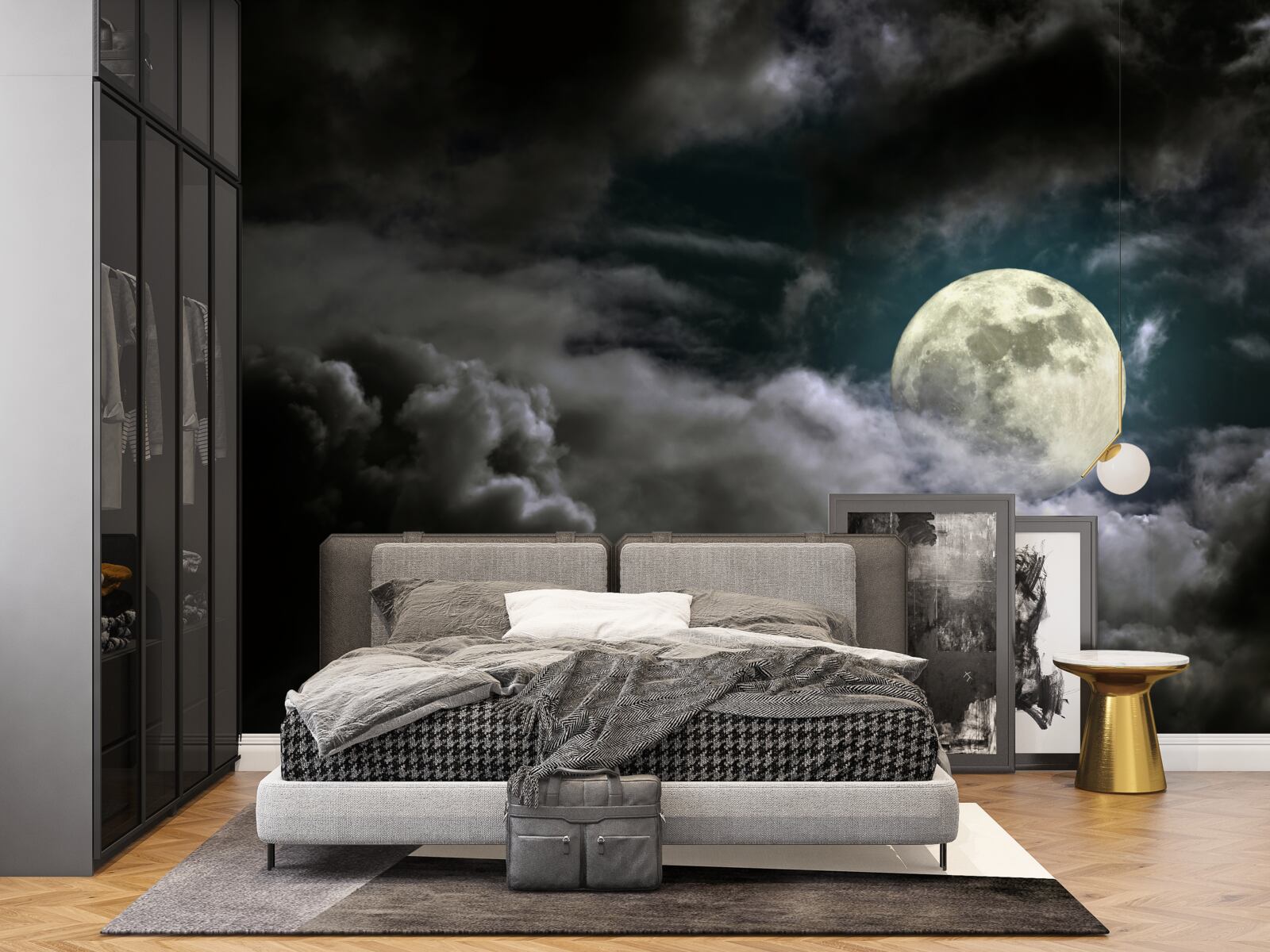 Fototapet luna plină deasupra norilor, atrăgând atenția cu frumusețea ei