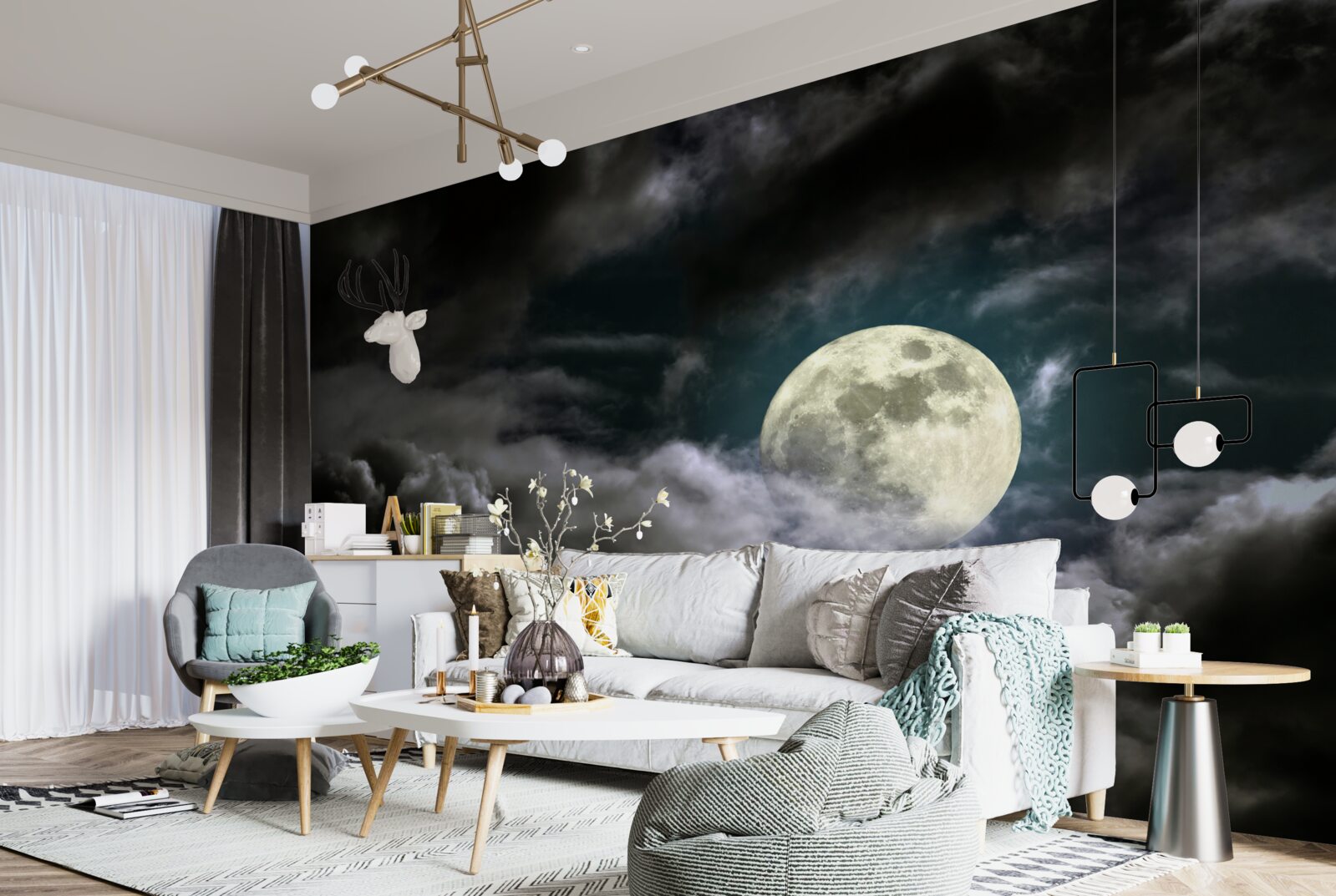 Fototapet luna plină deasupra norilor, atrăgând atenția cu frumusețea ei