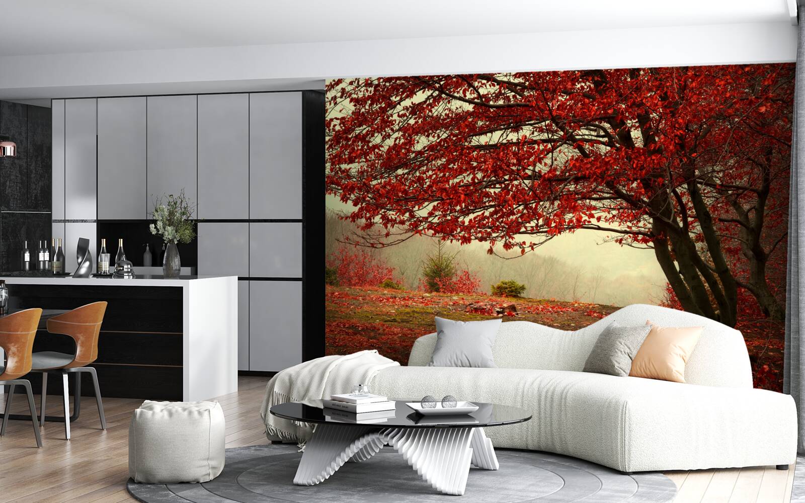 Fototapet dimineața cețoasă a unei păduri de toamnă cu nuanțe de burgundy