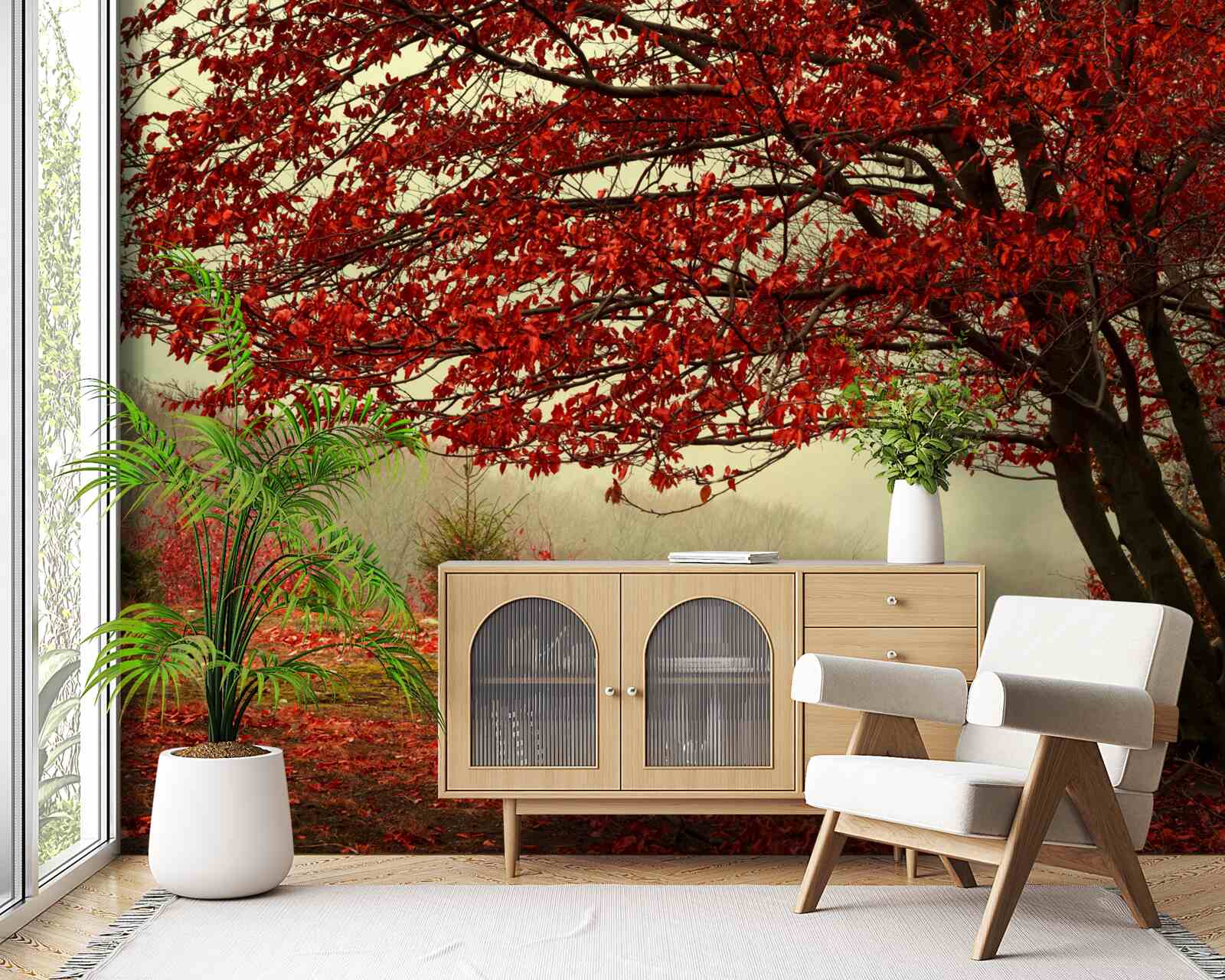 Fototapet dimineața cețoasă a unei păduri de toamnă cu nuanțe de burgundy