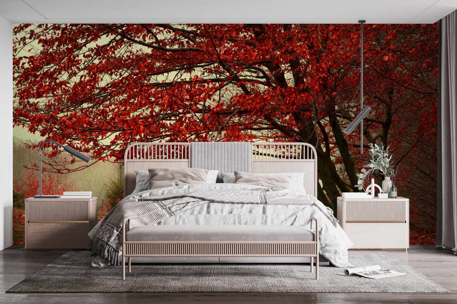 Fototapet dimineața cețoasă a unei păduri de toamnă cu nuanțe de burgundy