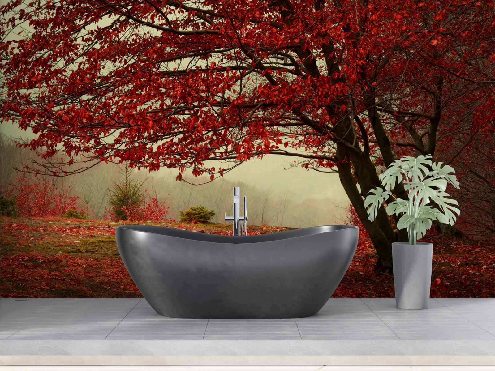 Fototapet dimineața cețoasă a unei păduri de toamnă cu nuanțe de burgundy