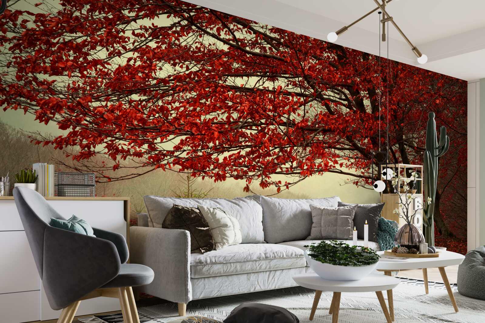 Fototapet dimineața cețoasă a unei păduri de toamnă cu nuanțe de burgundy