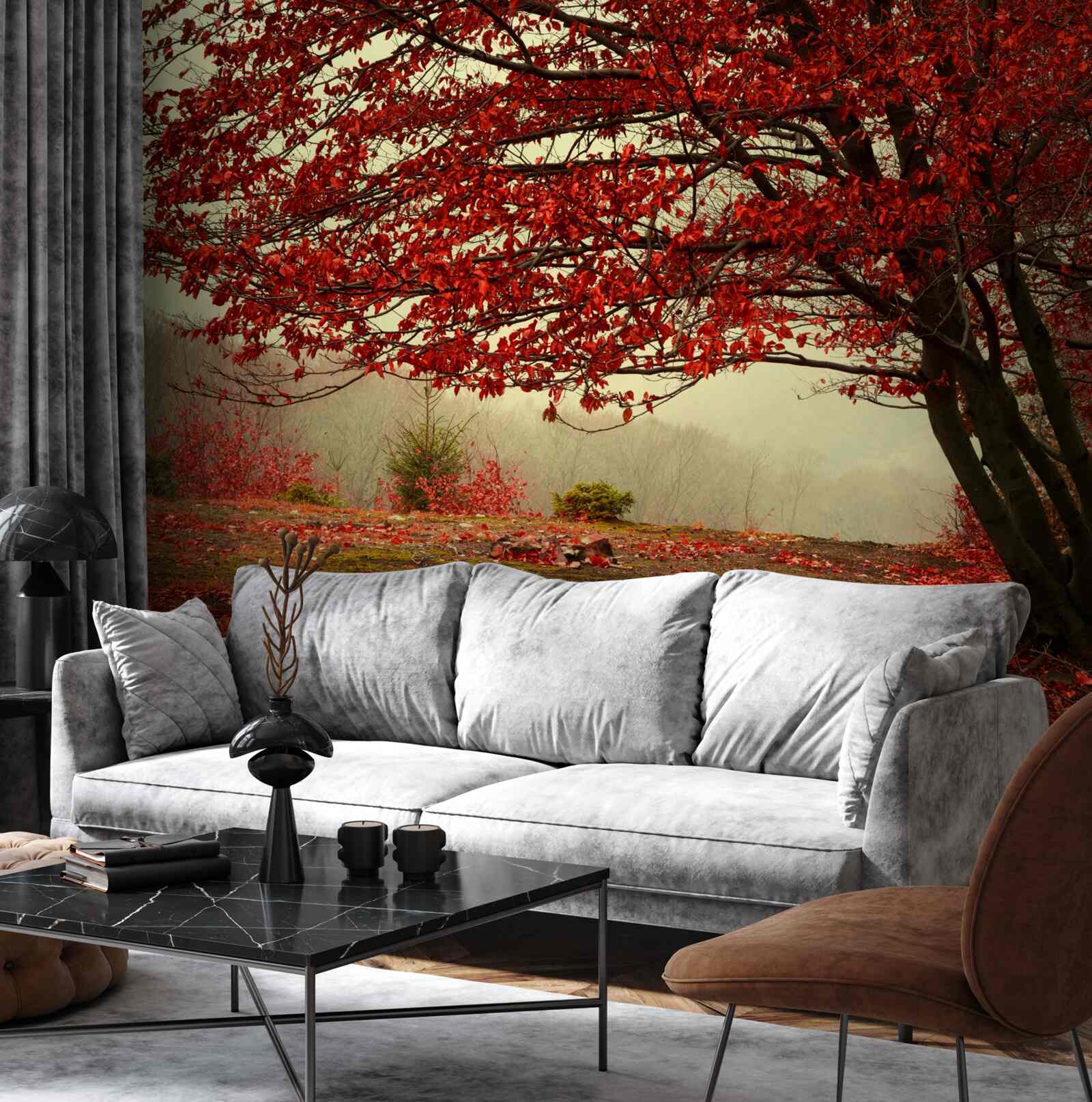 Fototapet dimineața cețoasă a unei păduri de toamnă cu nuanțe de burgundy