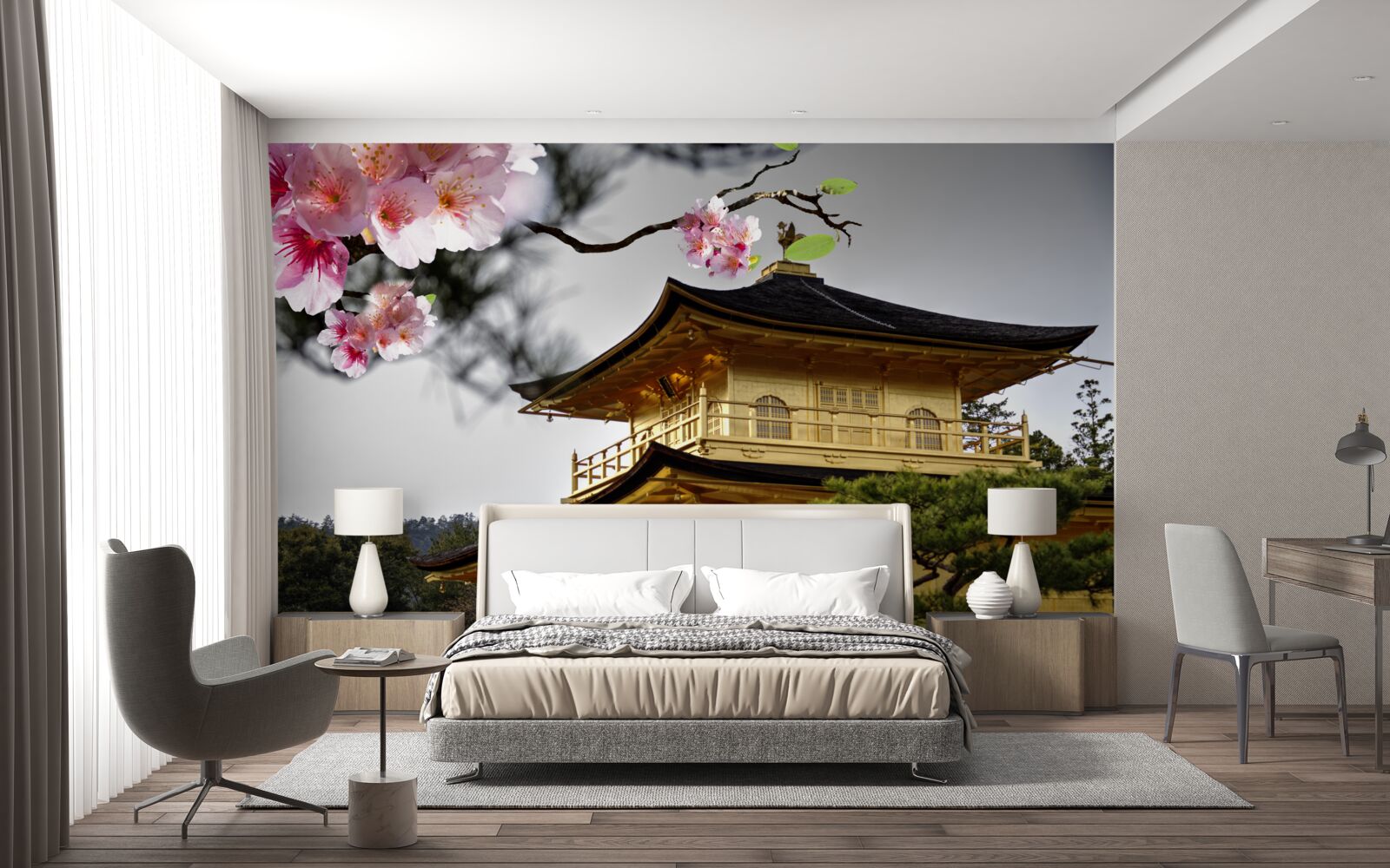 Fototapet sakura și mănăstirea budistă