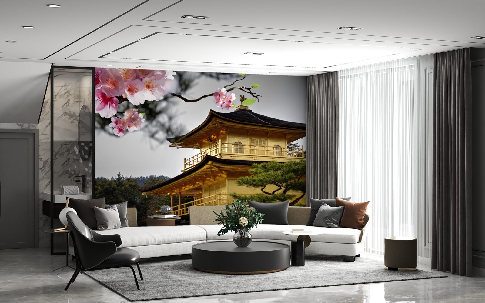 Fototapet sakura și mănăstirea budistă