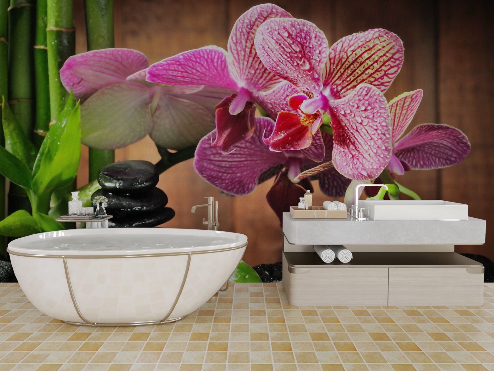 Fototapet orhidee crimson printre pietre