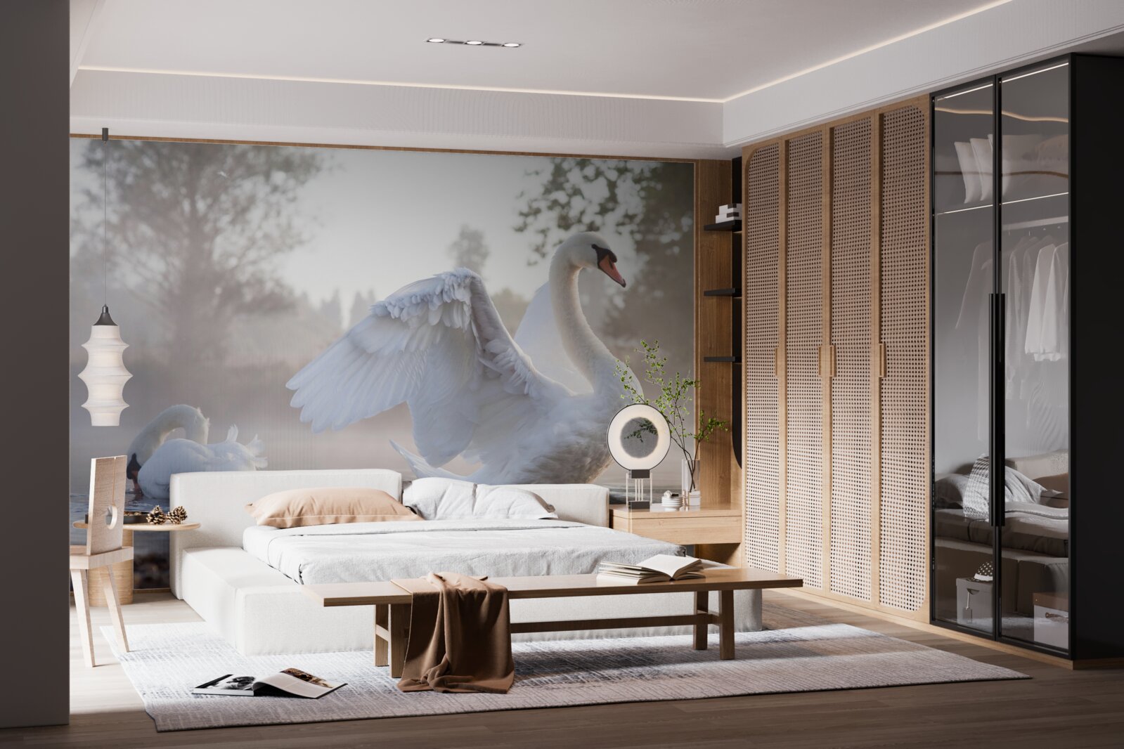 Fototapet lebădă maiestuoasă albă ca zăpada plutind pe apă