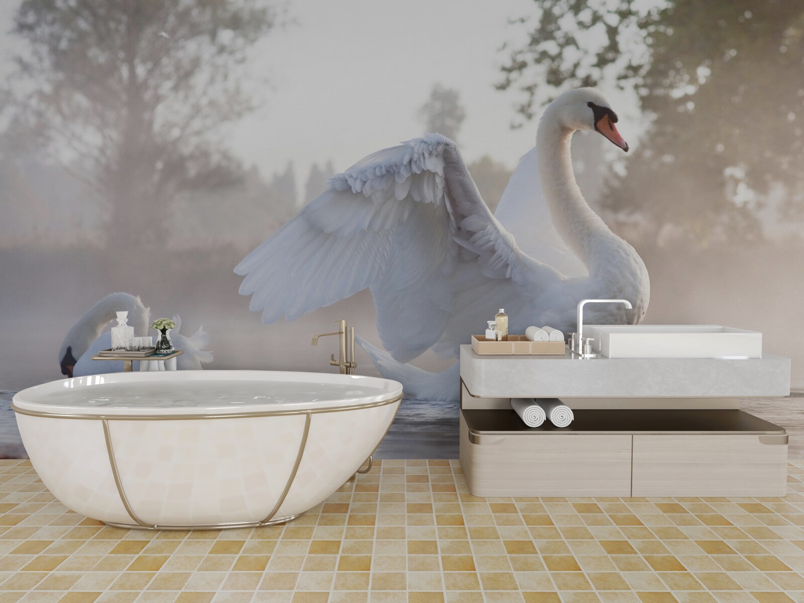 Fototapet lebădă maiestuoasă albă ca zăpada plutind pe apă