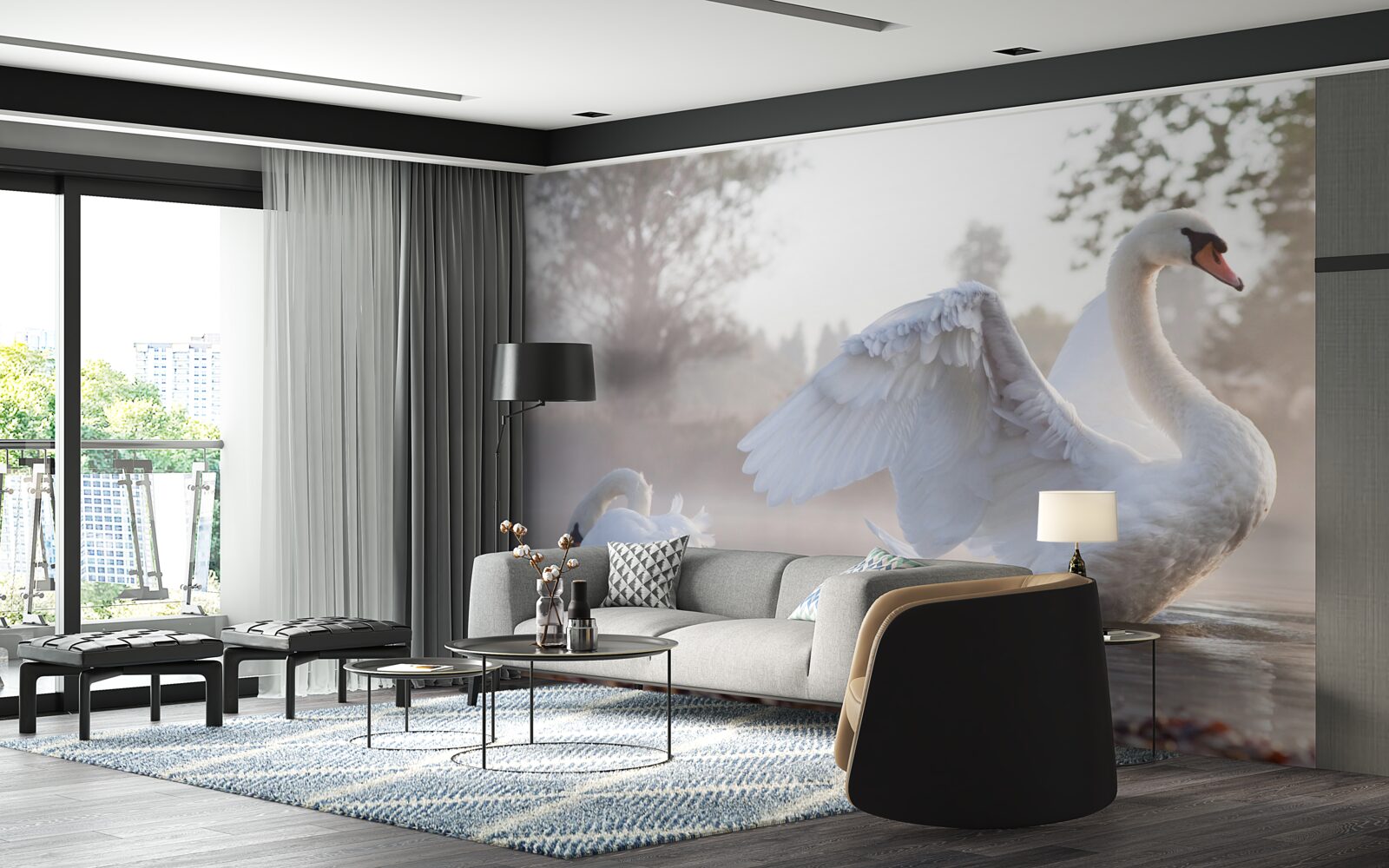 Fototapet lebădă maiestuoasă albă ca zăpada plutind pe apă