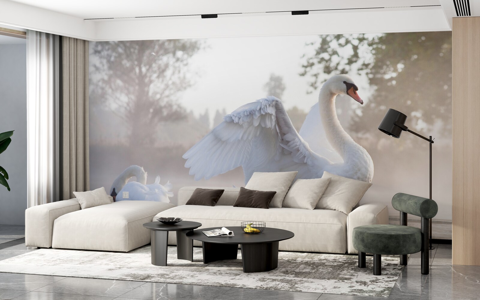 Fototapet lebădă maiestuoasă albă ca zăpada plutind pe apă