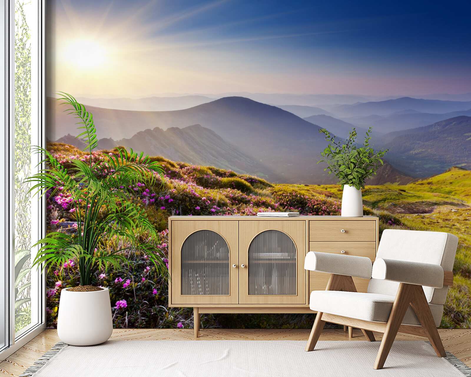 Fototapet vârf de munte în peisaj la răsăritul soarelui