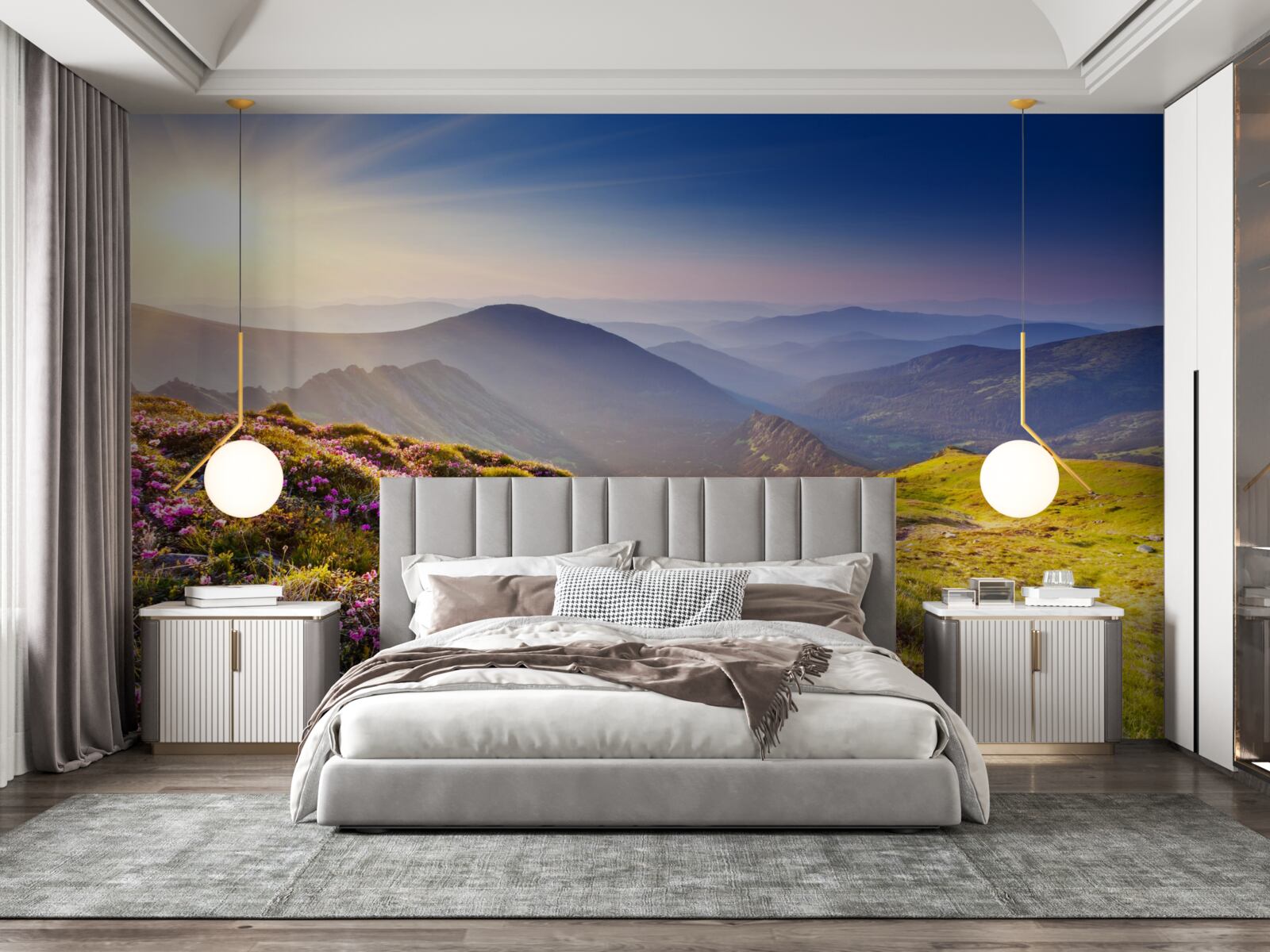 Fototapet vârf de munte în peisaj la răsăritul soarelui