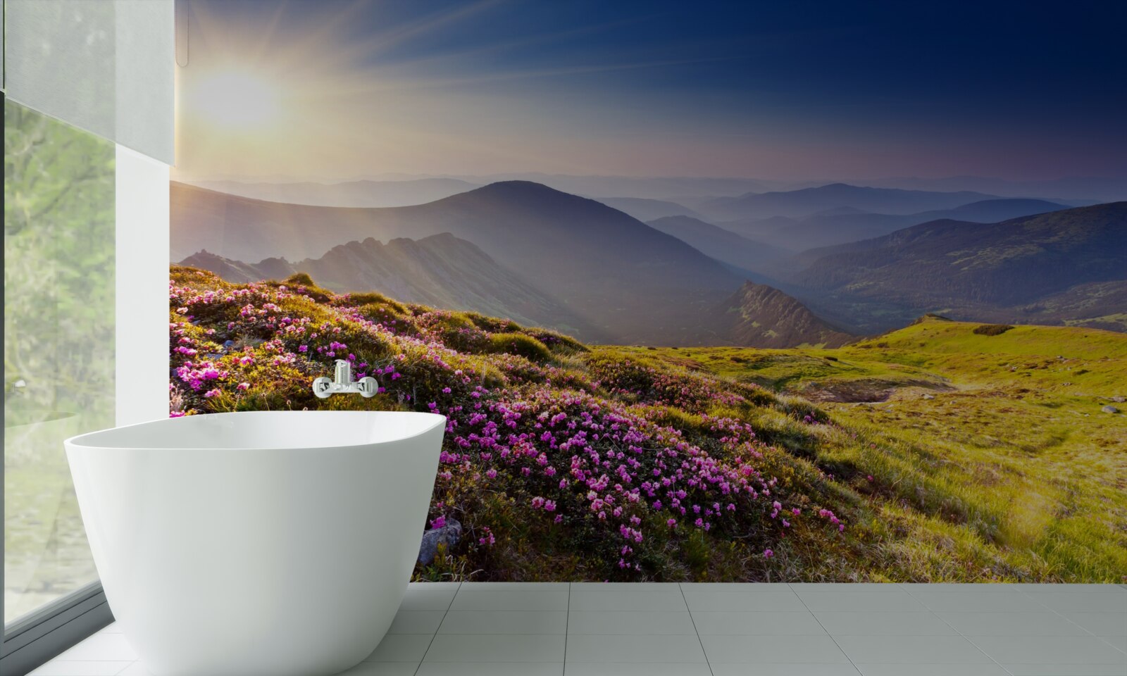 Fototapet vârf de munte în peisaj la răsăritul soarelui