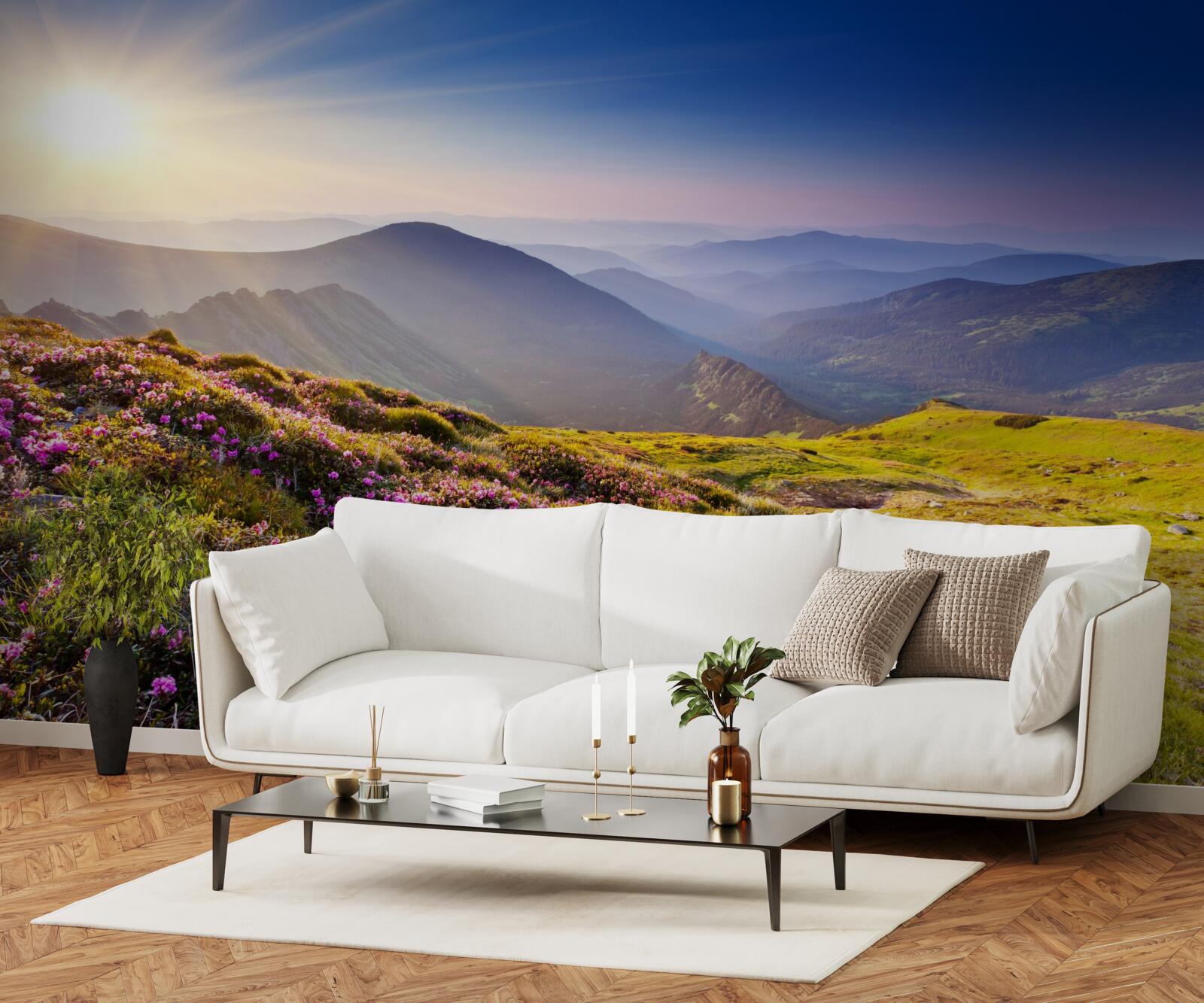 Fototapet vârf de munte în peisaj la răsăritul soarelui