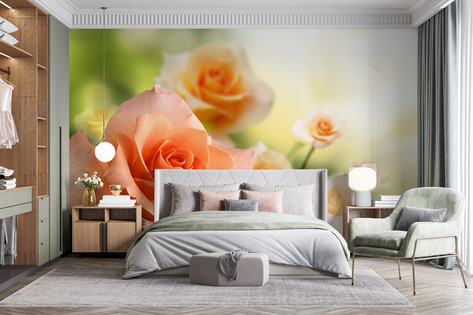 Fototapet un buchet ușor de trandafiri care cresc în tufișuri