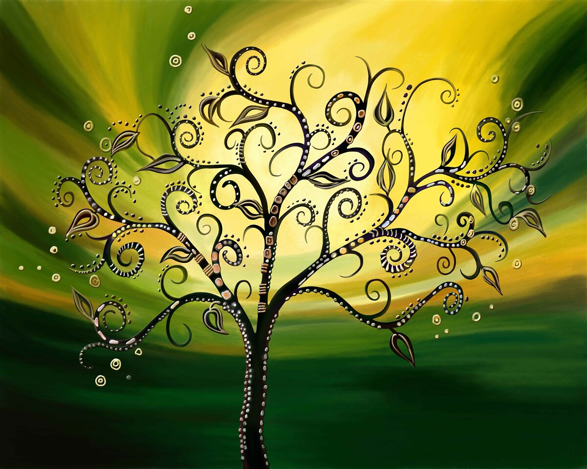 Fototapet copac cu modele pe un cer verde la apus de soare