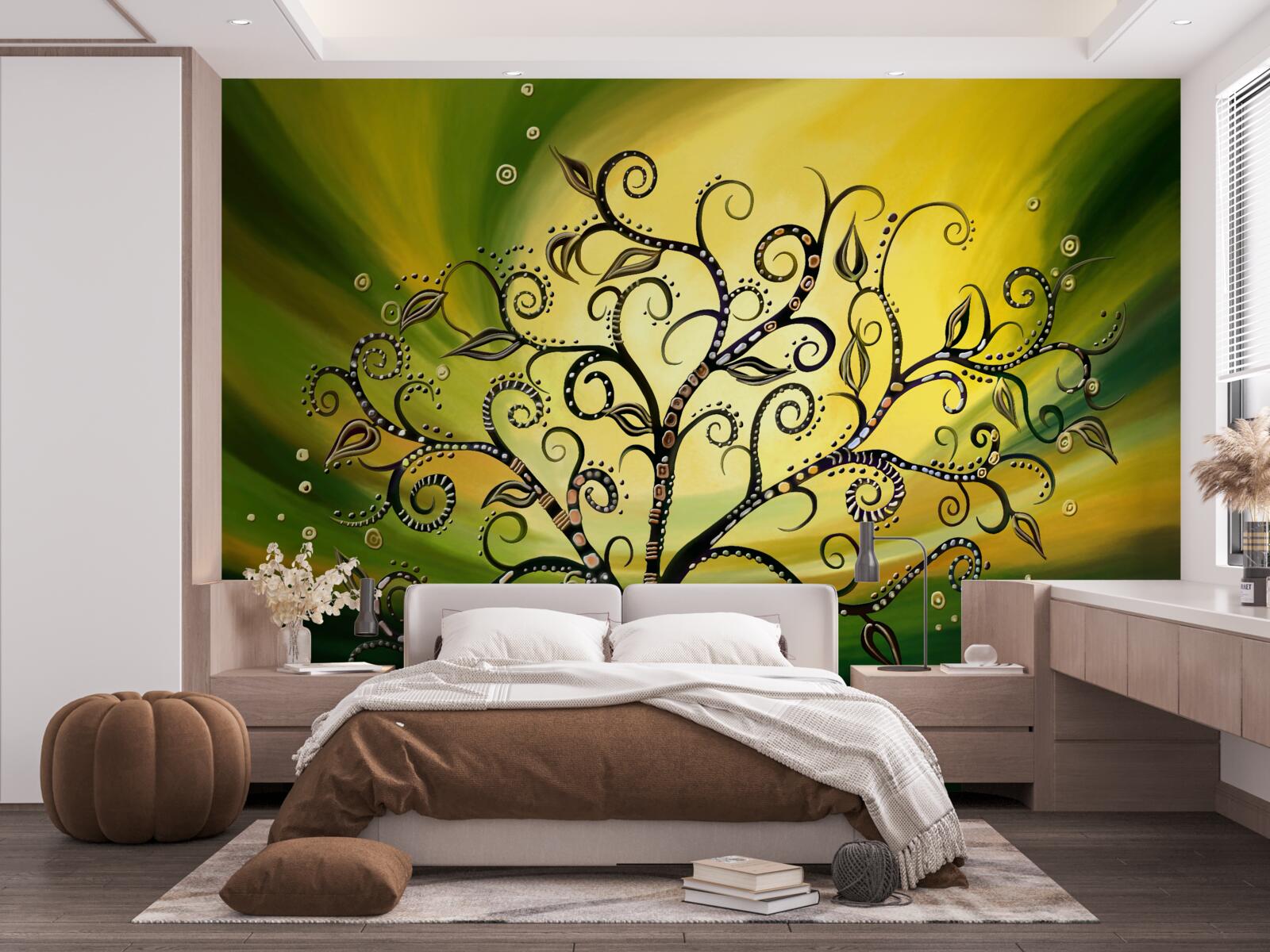 Fototapet copac cu modele pe un cer verde la apus de soare