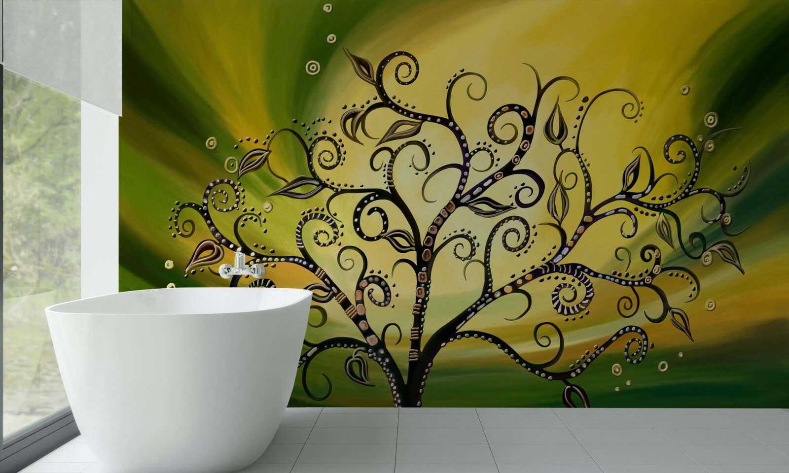 Fototapet copac cu modele pe un cer verde la apus de soare