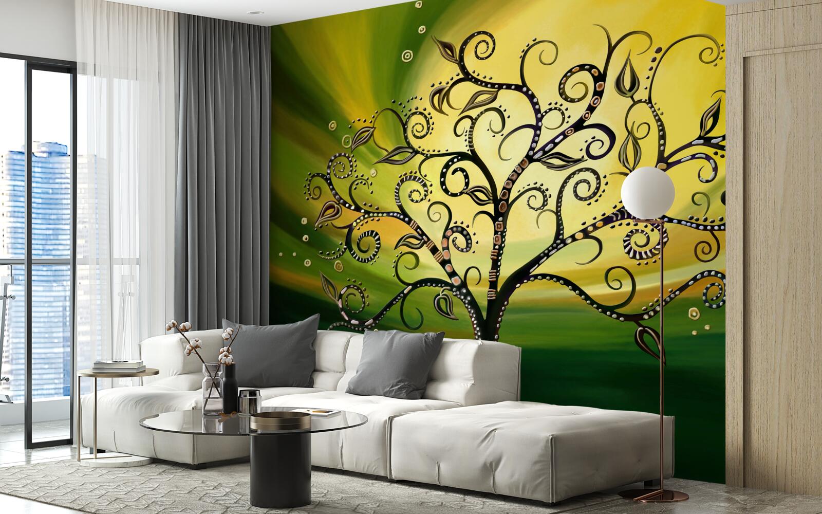 Fototapet copac cu modele pe un cer verde la apus de soare