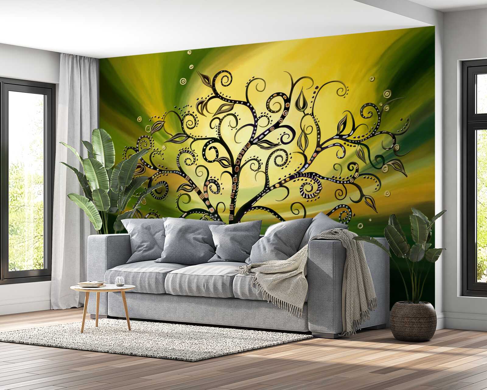 Fototapet copac cu modele pe un cer verde la apus de soare