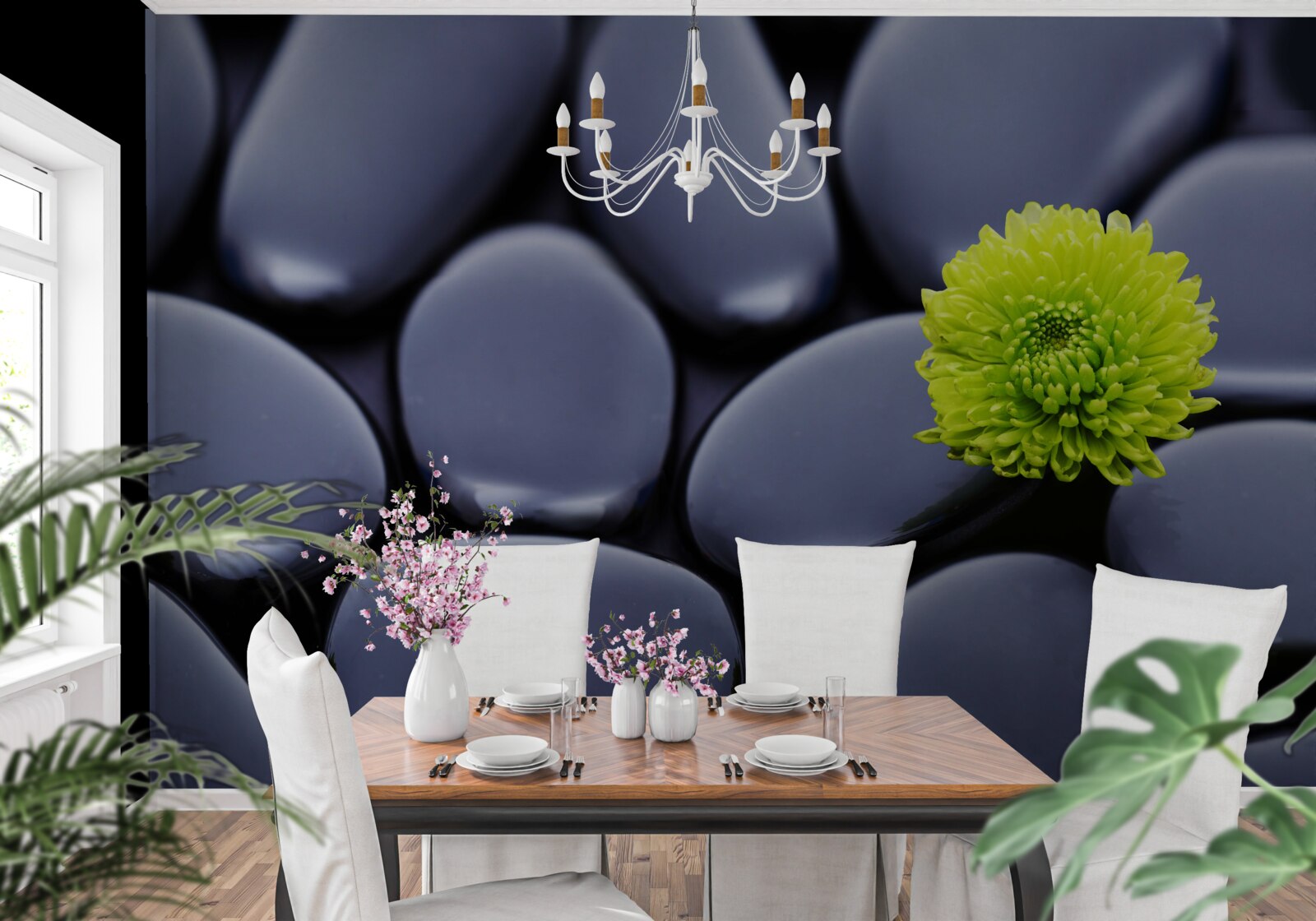 Fototapet o floare verde crește peste o barieră stâncoasă