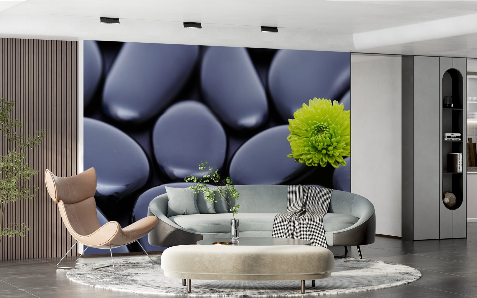 Fototapet o floare verde crește peste o barieră stâncoasă