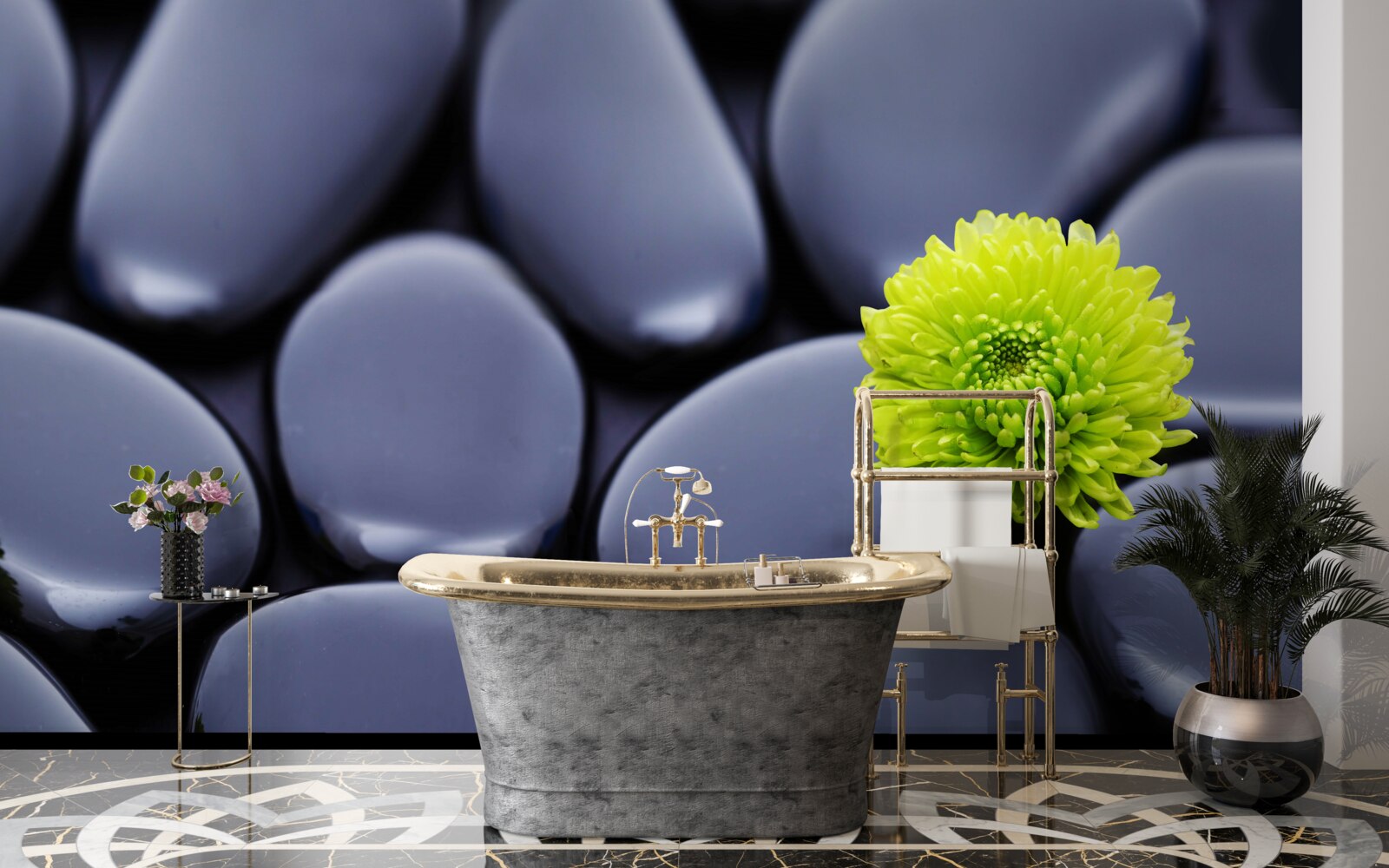 Fototapet o floare verde crește peste o barieră stâncoasă