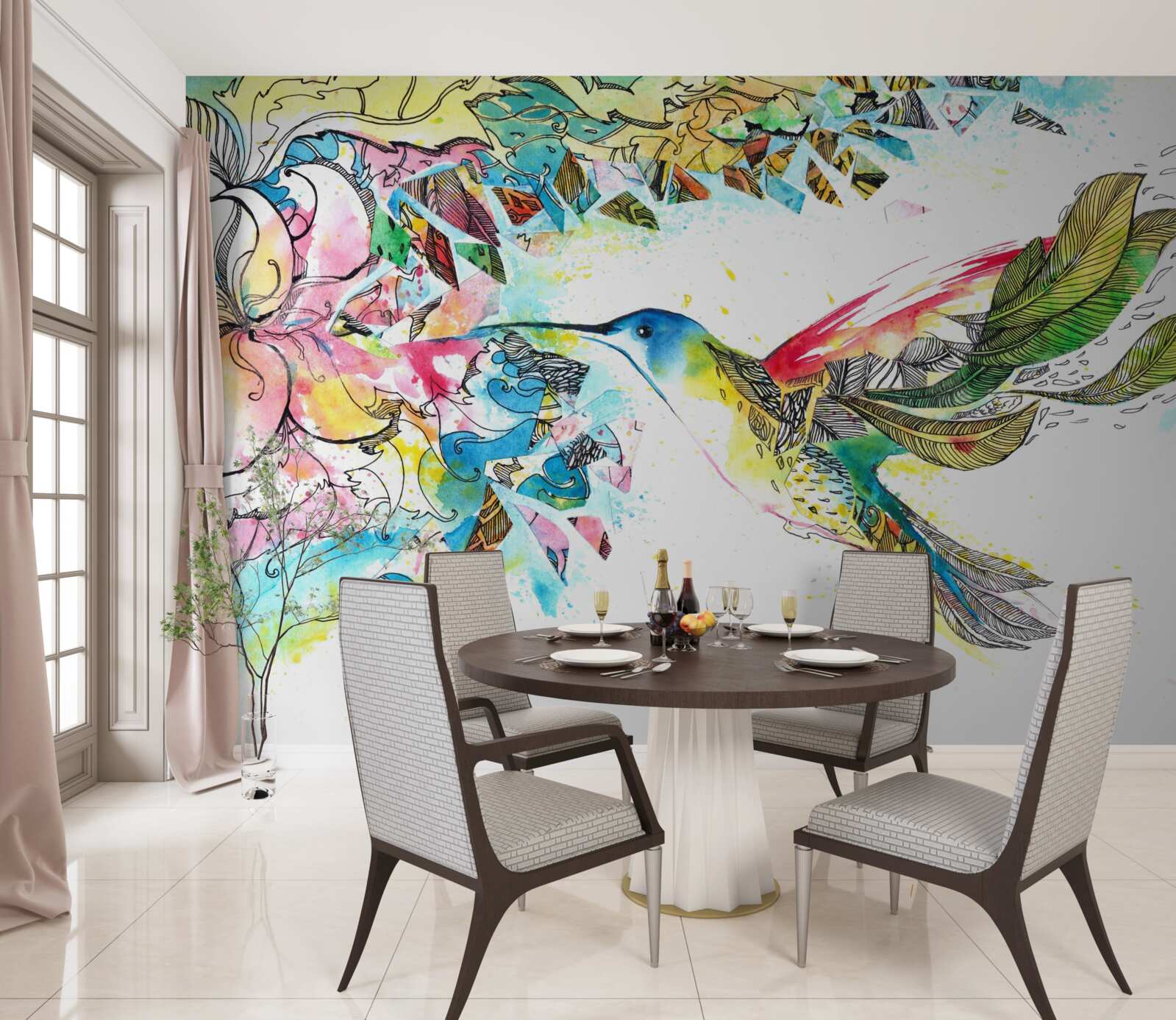 Fototapet păsările colibri se hrănesc cu nectarul din flori