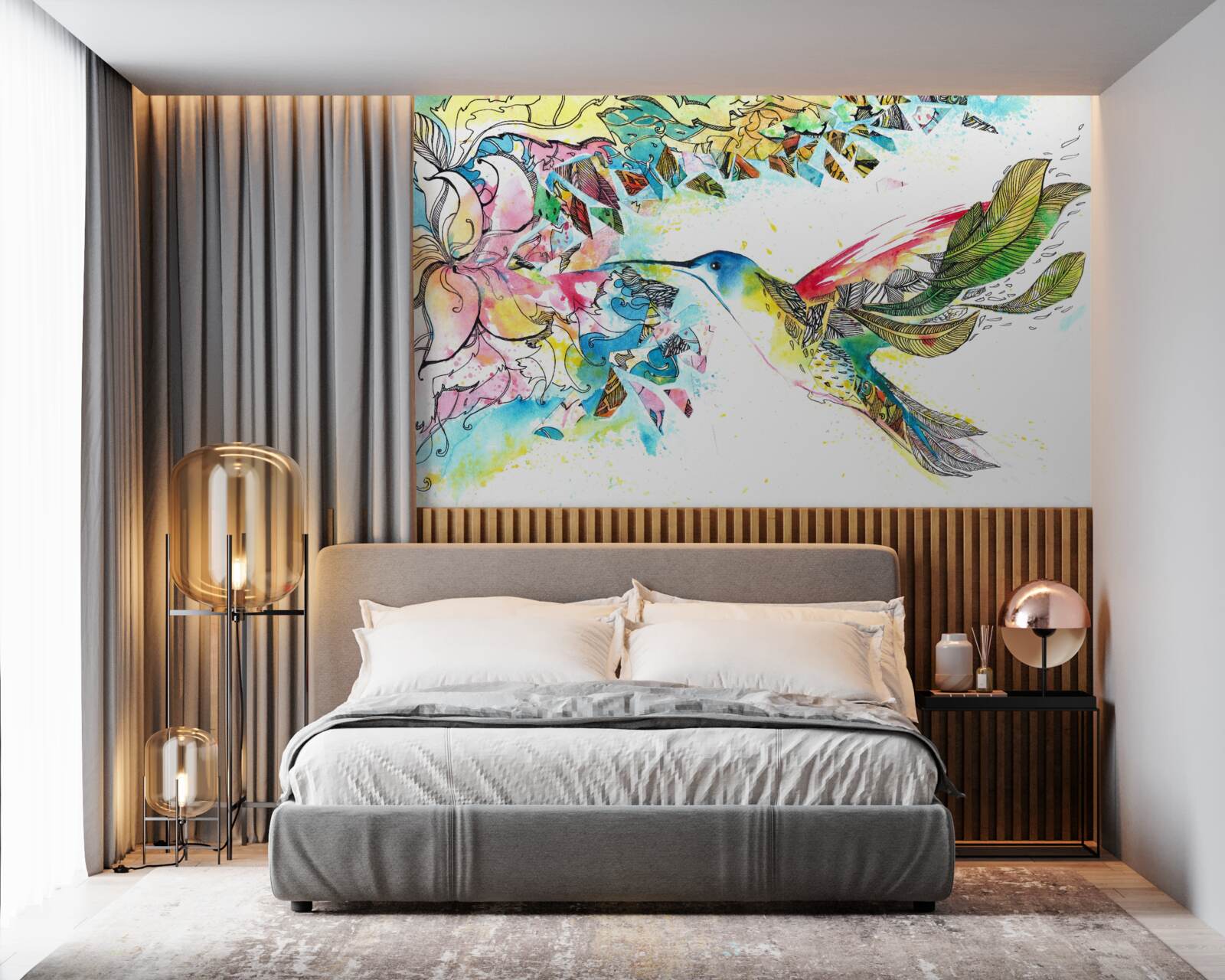 Fototapet păsările colibri se hrănesc cu nectarul din flori