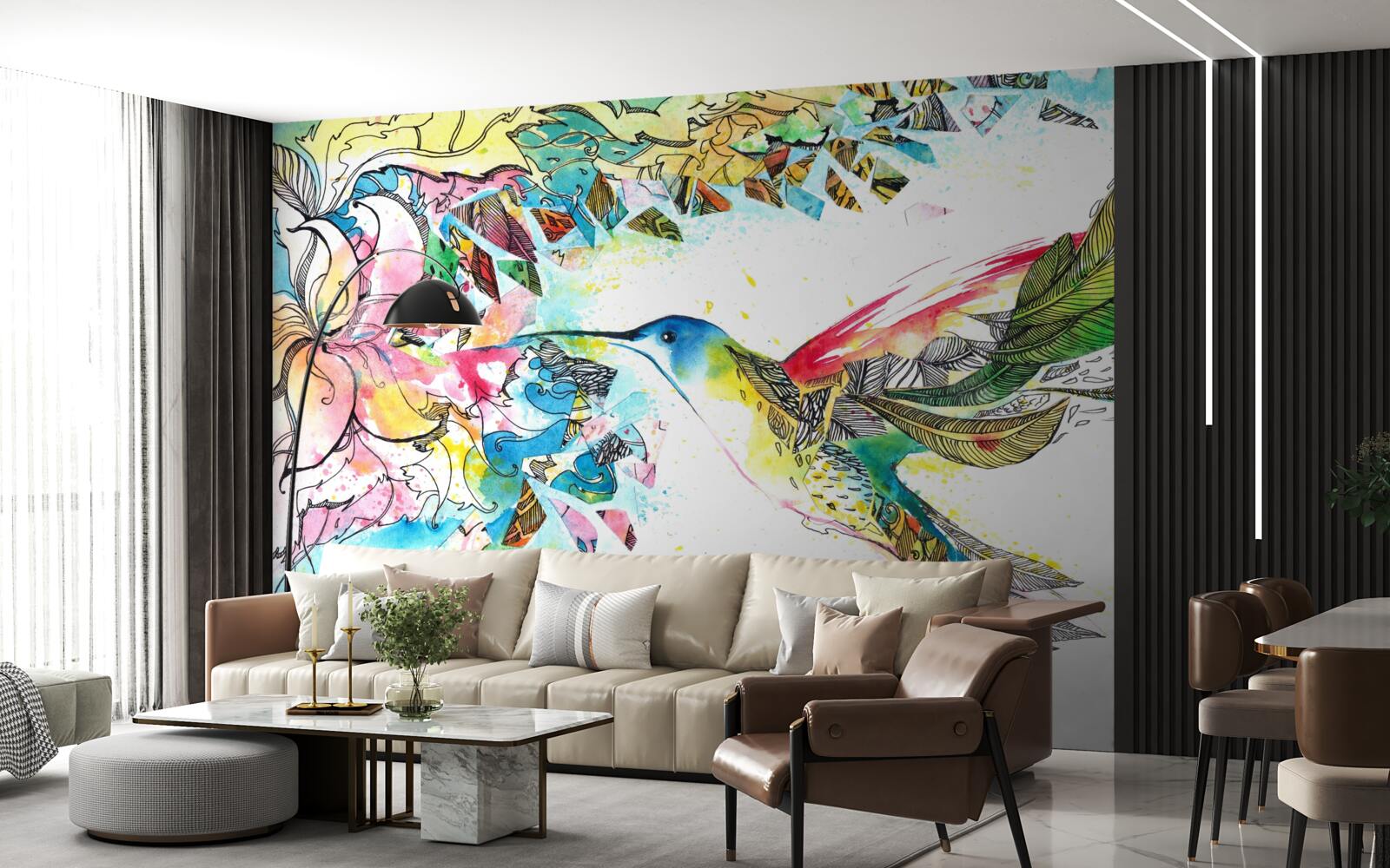 Fototapet păsările colibri se hrănesc cu nectarul din flori