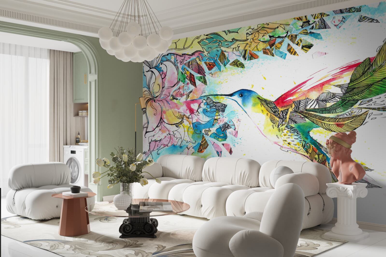 Fototapet păsările colibri se hrănesc cu nectarul din flori