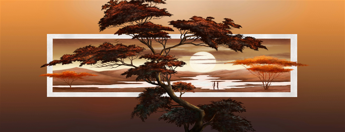 Fototapet pe fundalul unui apus de soare strălucitor se înalță un copac maiestuos și luxuriant