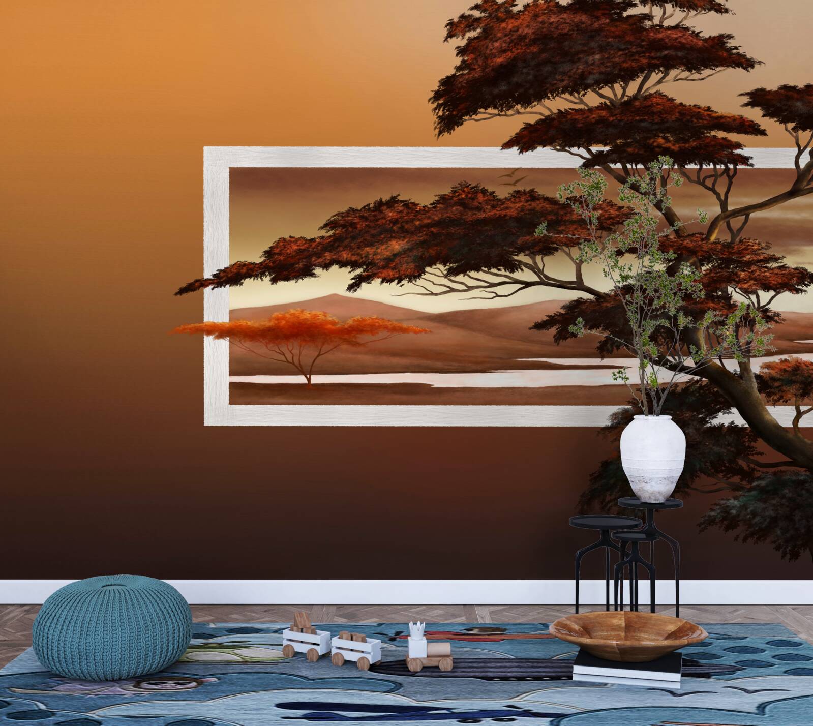 Fototapet pe fundalul unui apus de soare strălucitor se înalță un copac maiestuos și luxuriant