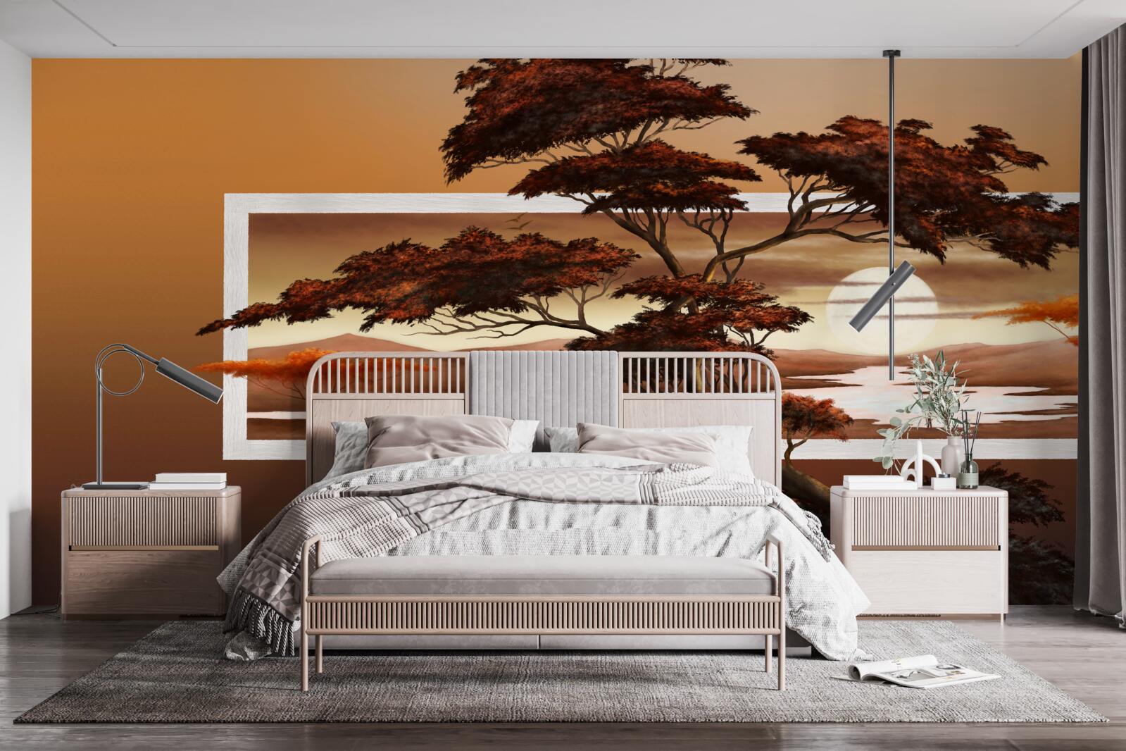 Fototapet pe fundalul unui apus de soare strălucitor se înalță un copac maiestuos și luxuriant