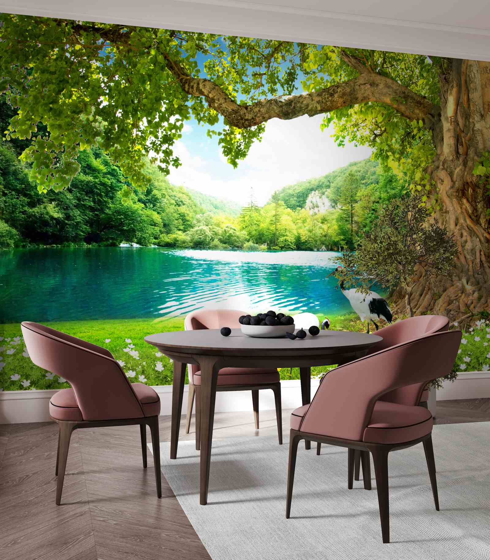 Fototapet două cocori pe un câmp lângă un iaz