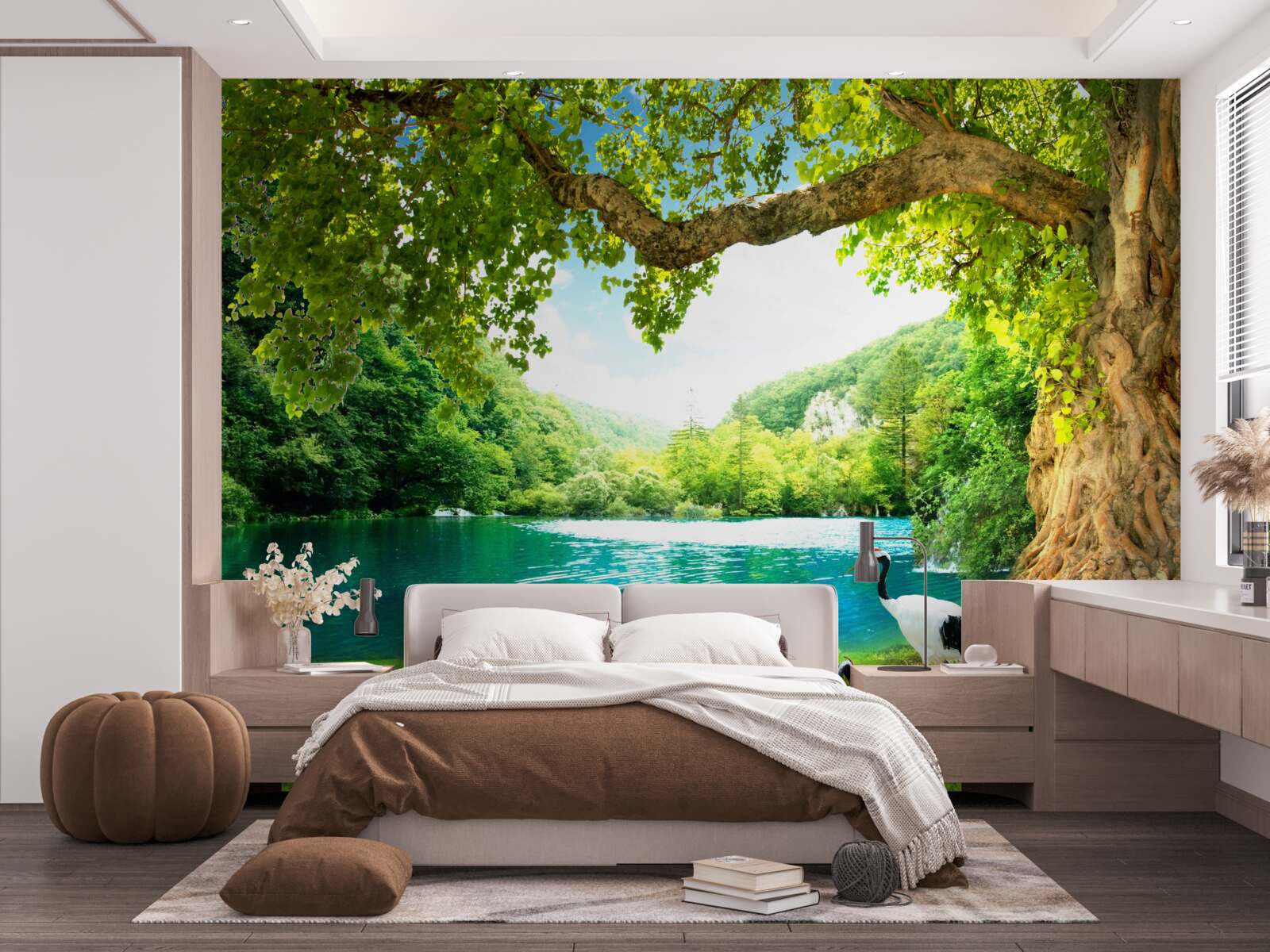 Fototapet două cocori pe un câmp lângă un iaz