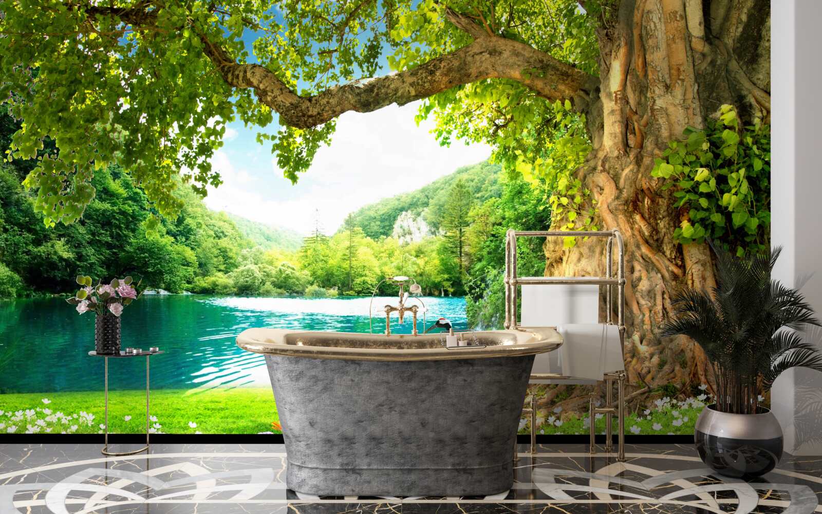 Fototapet două cocori pe un câmp lângă un iaz