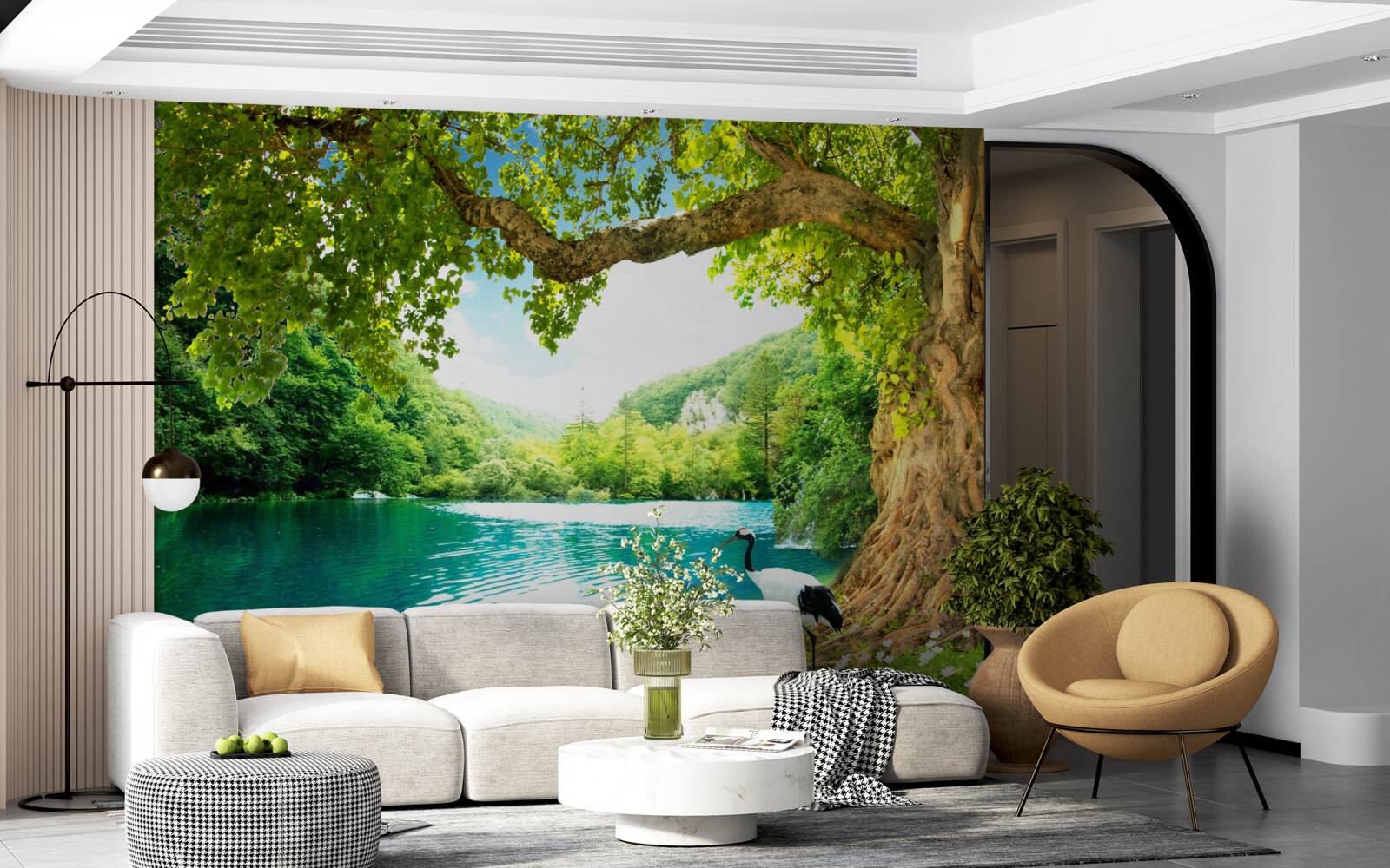 Fototapet două cocori pe un câmp lângă un iaz