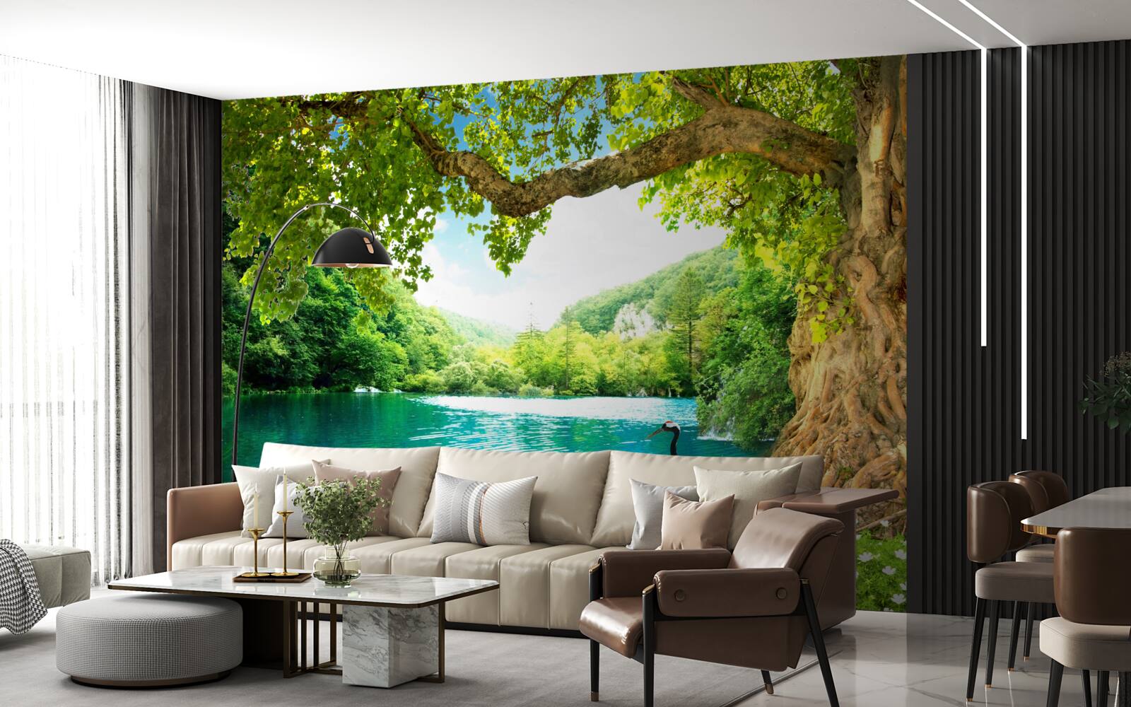 Fototapet două cocori pe un câmp lângă un iaz